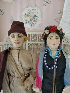Lotto 2 antiche bambole di stoffa URSS donna e uomo russo Stockinette 15" molto presto - Foto 1 di 16