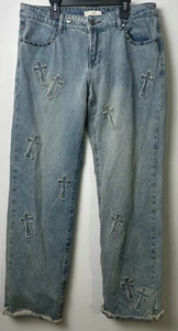 Austin Landing Cross Patches Mid Rise Straight Leg Jeans Sz 9 Raw Hem Y2K D33 - Picture 1 of 8
