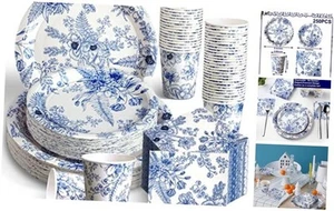 250 Pcs Blue Disposable Plates and Napkins Floral Tableware Set for 50 Guests - Picture 1 of 7
