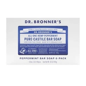 Jabón en barra de menta Dr Bronner's Pure Castille, paquete de 6 (caja abierta) - Imagen 1 de 5