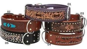 Leather Western Style Heavy Duty Hand Tooled Adjustable Padded Dog Collar - Picture 1 of 1