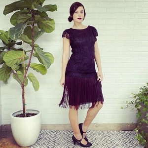 Vintage 60s 70s Dress M Black Lace Drop-Waist Fringe 1920s-Style Flapper - Picture 1 of 8