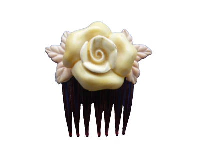 40S HAIR COMB YELLOW BEIGE 3D FLOWER AND LEAVES SMALL COMB  2 .25" X 2" - Image 1 of 4
