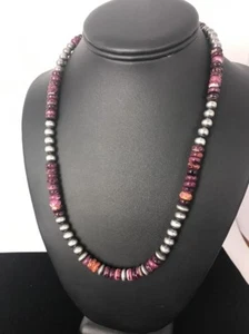 Navajo Sterling Silver Beads Purple Spiny Oyster 8 mm Bead Necklace 99507 - Picture 1 of 12
