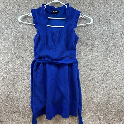 Elle Women's Blue Textured Pencil Dress Ruffle Trim Belted Size 10 - Image 1 of 4