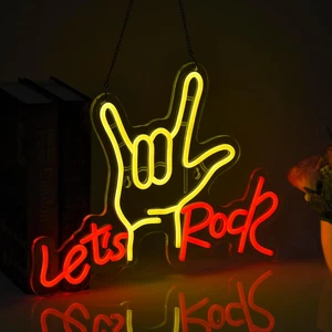 Letreros de neón Let's Rock Hand para decoración de paredes, luz LED neón, amarillo limón y rojo - Imagen 1 de 12