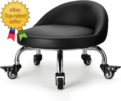 Rolling Stool with Backrest Low Height Rolling Stool with PU Leather - Image 1 of 3