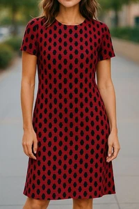 Adrienne Vittadini - Red & Black Geometric Shift Dress, Round Neck, 1/4 Zipper - Picture 1 of 14