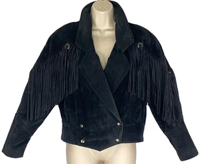 Vintage 80er Jahre schwarze Wildleder Fransen Crop Jacke Damen S Leder Moto Rocker - Bild 1 von 16