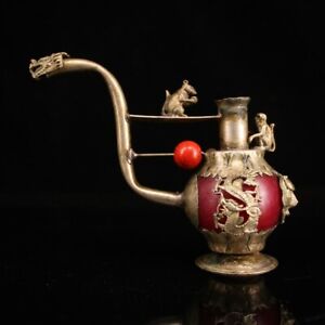 Old Chinese tibet silver inlay red jade handmade Pipe Smoking tools 6802