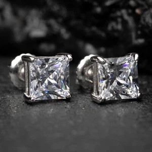 Square Princess Cut Sterling Silver 6mm Unisex Small Screw Back Stud Earrings - Picture 1 of 5