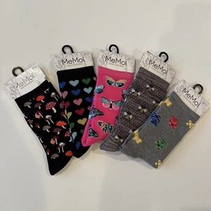 5 paia calzini MeMoi nuovi con etichette donna bambù miscela rayon equipaggio funghi cuori a farfalla - Foto 1 di 9