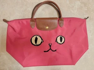 Rare LONGCHAMP Le Pliage MIAOU Cat Tote Bag Pink Nylon Leather Authentic Used - Picture 1 of 11