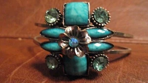 Spring Loaded Hinged Cuff Bracelet with 11 Turquoise Color Stones Crystals - Picture 1 of 5