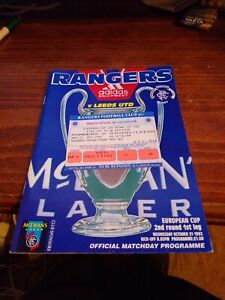 Glasgow Rangers V Leeds Utd European cup Match Programme With Ticket 21/10/1992