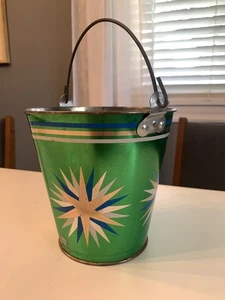 Antique Vintage MCM Starburst Ohio Art Tin Litho Sand Pail Wire Handle Bryan OH - Picture 1 of 8