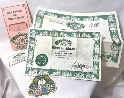 Винтажная упаковка документов для усыновления свидетельства о рождении Cabbage Patch Kids Cary Albertina 9-1 - Изображение 1 из 2