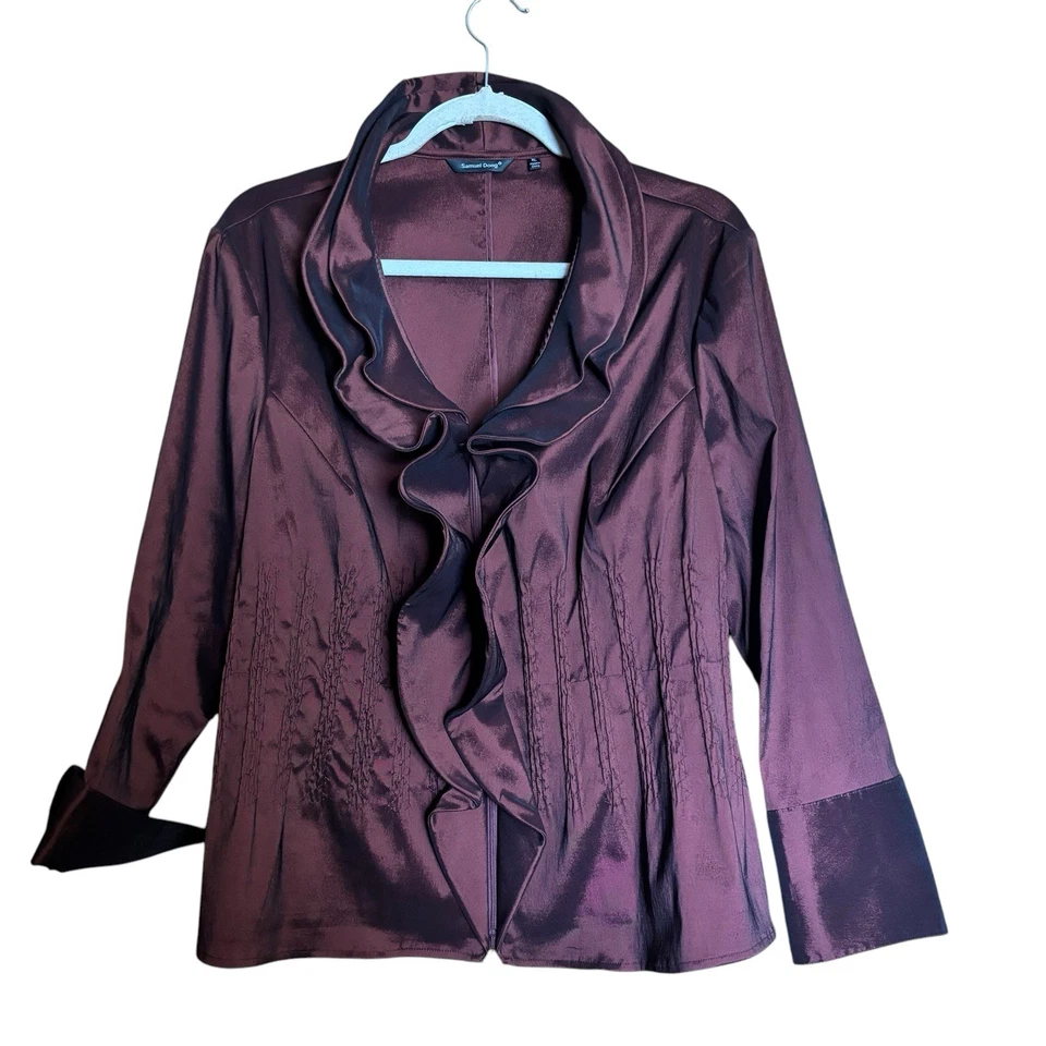 Blazer Samuel Dong Cremallera Mujer XL Marrón Tafetán Volantes Cuello Chaqueta Foto 1 de 4