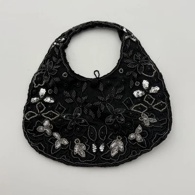 Black Beaded Sequin Evening Bag Vintage Style Handmade Purse  - Image 1 of 4