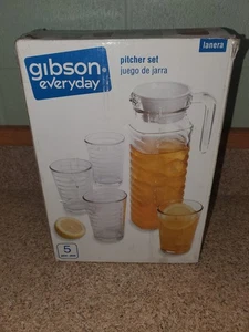 GIBSON EVERYDAY CLEAR GLASS PITCHER W/LID SET WITH 4 TUMBLER GLASSES NIB - Picture 1 of 4