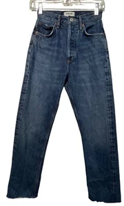 AGOLDE 90s Pinch Waist Jeans Sz 22 Blue Denim Straight Leg Raw Hem Button Fly - Picture 1 of 10