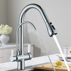 3-Way Filter Kitchen Tap Pull Out Sprayer Dual Handle Sink Mixer Taps Chrome - Picture 1 of 10