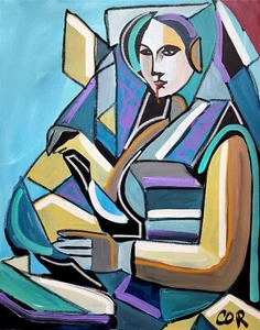 CORBELLIC LIBRARIAN 16X20 CUBISM LARGE GALLERY WOMAN ORIGNAL NEW ART INTERIOR - Picture 1 of 9