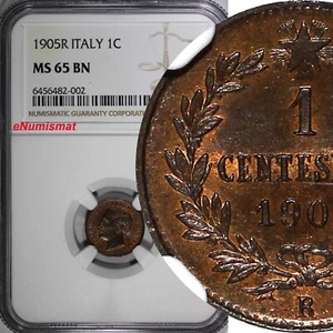 Italy Vittorio Emanuele III 1905 R 1 Centesimo NGC MS65 BN TOP GRADED KM# 35 (2) - Picture 1 of 4