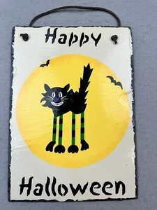 Hand painted Halloween Black Cat Yellow Moon Decorative Hanging Slate 14x10 - Picture 1 of 5