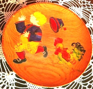 VTG Folk Art 1920-30 Wood Plate Wall Plaque Hand Painted Rooster Child Chicken - Picture 1 of 5