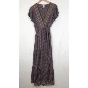 NATURAL LIFE Ansley Maxi Wrap Dress Sz L Gray Pink Floral Short Sleeve - Picture 1 of 13