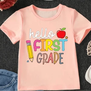 NWT Child Girls Pink Short Sleeve Graphic Tee Shirt Hello First Grade” - Size 5 - Picture 1 of 2