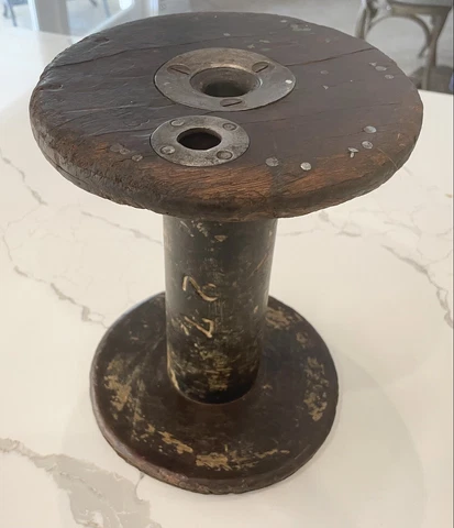Large Antique Industrial Factory WOODEN SPOOL Bobbin 11 X 8 Primitive Cover