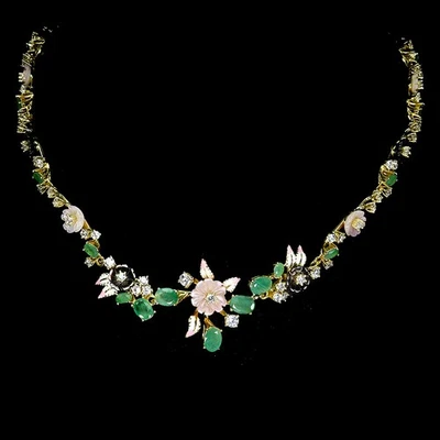 925 Sterling Silver Necklace Oval Emerald 7x5mm Mother Of Pearl Gemstone Jewelry - Image 1 of 4