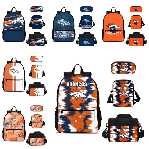 Denver Broncos Kids 4PCS Backpack Set Lunch Box Crossbody Bag Pencil Case Gifts Cover
