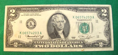 ERROR 1976 $2 FRN OFFSET PRINTING - SEMI LADDER - K06574203A - XF #S1099 - Image 1 of 4