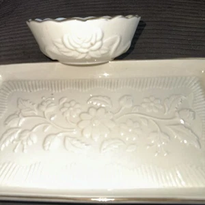 Vtg Lenox Floral Cream Dresser Trinket Tray & Bowl W Gold Trim @7 - Picture 1 of 3