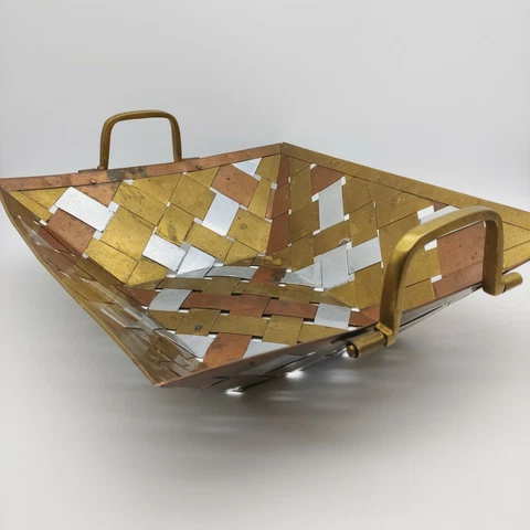 Rustic Patina Brass & Copper Metal Woven Basket w Handles 11x13 Rectangular vtg Cover