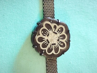 Vintage Silver Plate Lucite Mesh Bracelet  Brown Flower Foil Accent Abstract - Image 1 of 4