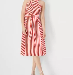 Nuevo con etiquetas Vestido Midi Ann Taylor Talla 14 Rojo Blanco Rayas Cuello Cruzado Ajuste y Acampanado - Imagen 1 de 15
