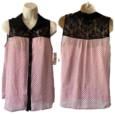 New Directions Blouse Womens Medium Pink Polkadot Sheer Overlay Lace Feminine - Image 1 of 4