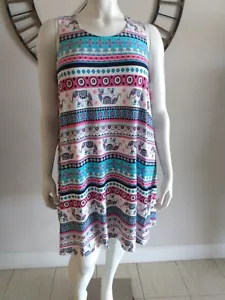 Bobby Brooks White Tribal Elephant Print Swing Dress Women's Plus Size 2X - Picture 1 of 8