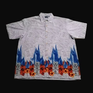 Sideout VTG Hawaiian Tiki Flames Tropical Blue Camp XL EUC - Picture 1 of 9