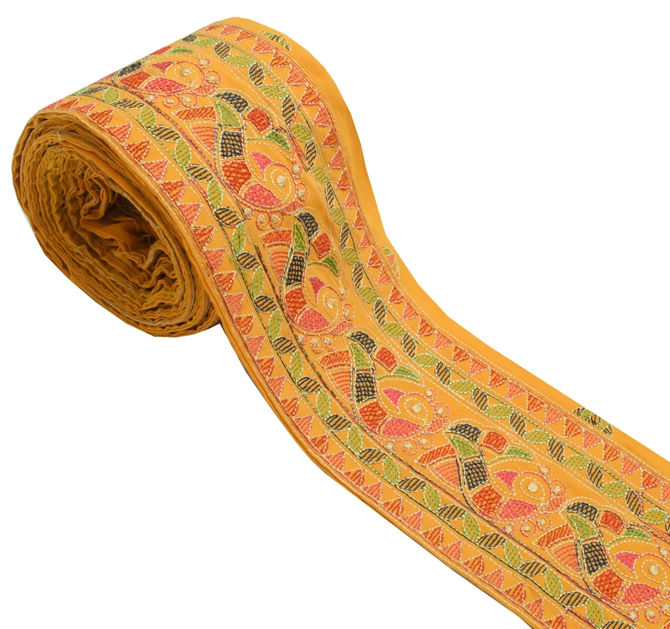 Sushila Vintage Yellow Saree Border Indian Craft Sewing Trim Embroidered Lace - Image 1 of 4