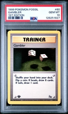 PSA 10 GEM MINT 1999 POKEMON FOSSIL 60 GAMBLER 1ST EDITION ENGLISH - Image 1 of 2