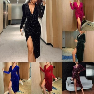 Green Velvet V Neck Wrap Dress Women's Evening Party Cocktail High Slit Dress - Picture 1 of 22