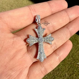 Moissanite Gothic Cross Iced Pendant 925 S.Silver Iced Bling + Free Rope Chain - Picture 1 of 13