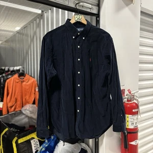 Vintage Polo Ralph Lauren Men's Large Corduroy Shirt Cotton Navy Blue Red Pony - Picture 1 of 4