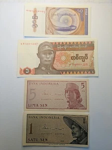 1964/90 1,5 Sen Indonesia, 1 Kyat, 50 Pays Mynmar 4UNC/or Hgh Grade Value Notes8 - Picture 1 of 8