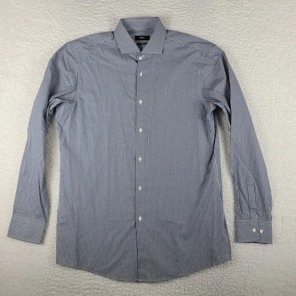 Camisa de vestir Hugo Boss para hombre 16 34/35 azul marino cuadros geométricos ajuste nítido con botones Foto 1 de 4